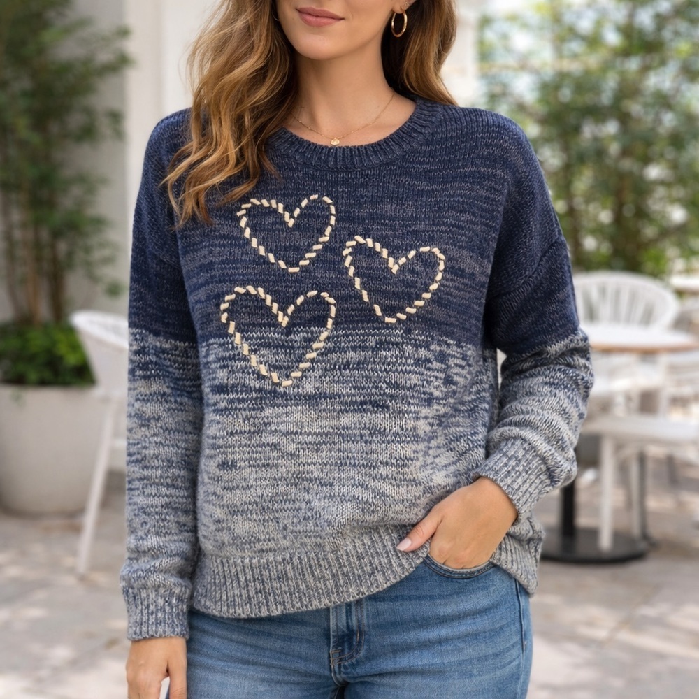 Indigo Thread Co Blue Ombre Heart Knit Sweater Drop Shoulder Size M